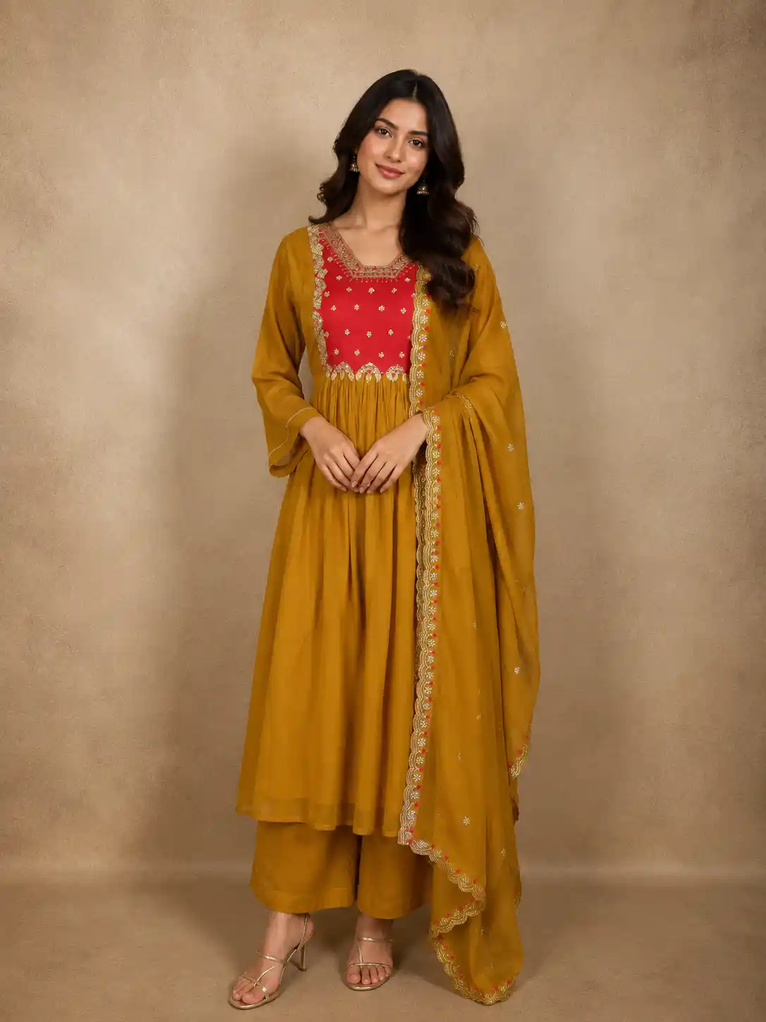 Mustard Yellow Floral Embroidered Design Cotton Anarkali Salwar Suit